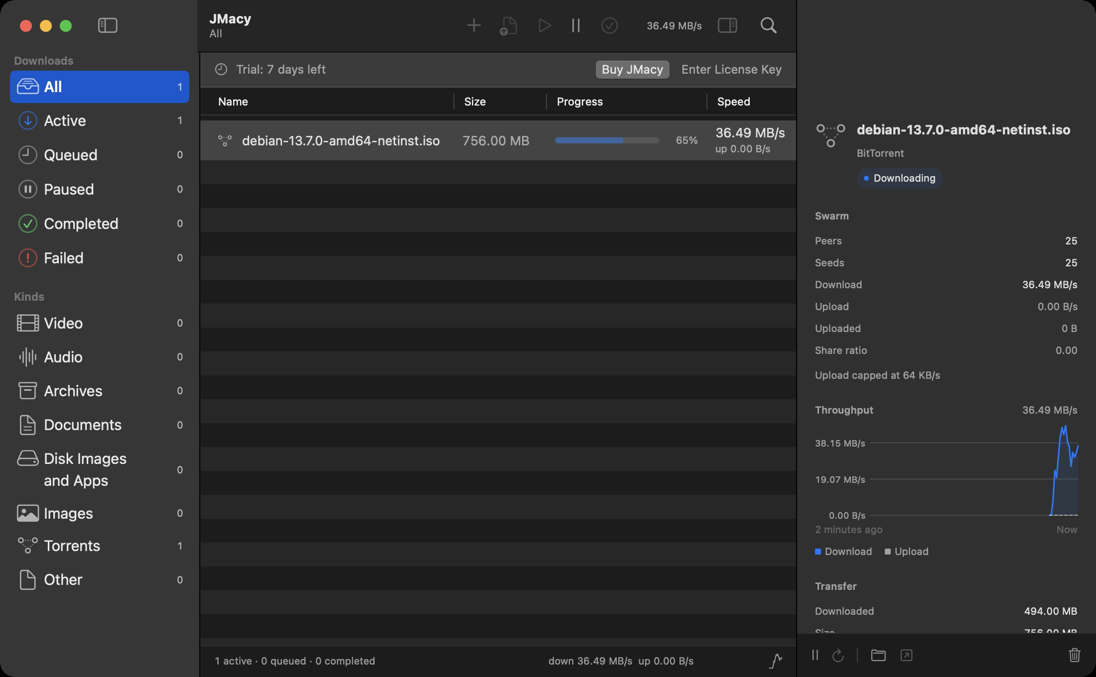 A Debian ISO torrent downloading in JMacy with the swarm inspector showing peers, seeds, upload limit, and a throughput graph.